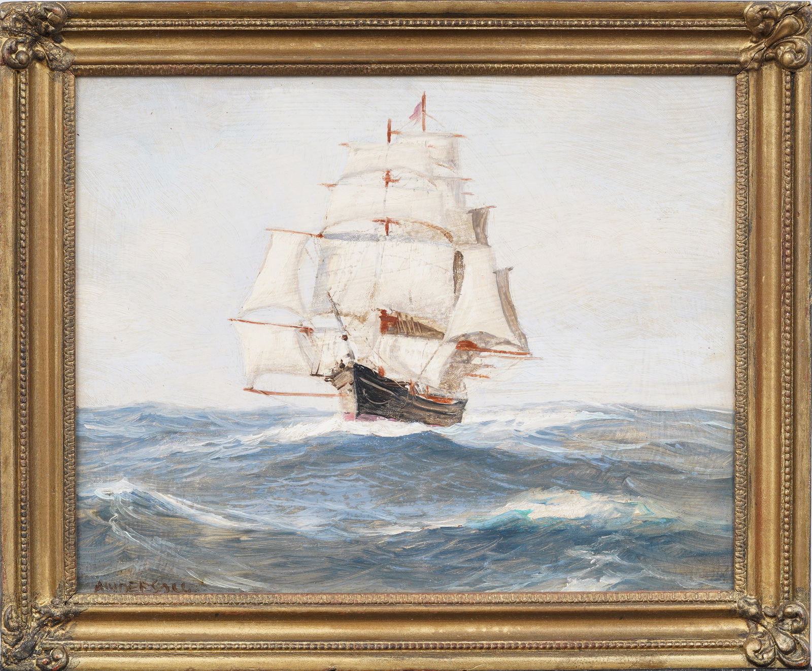 Antique American Impressionist Signed Seascape Sailboat Framed Oil Painting (1 of 6)