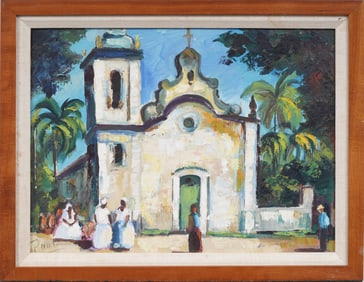 Vintage Signed American School Tropical Church Old Florida Landscape Original Oil Painting