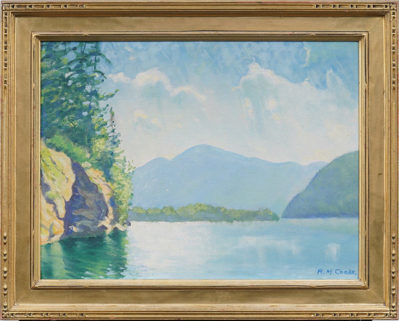 Signed "R.M. Cooke" Vintage American Impressionist Nicely Framed Landscape Original Oil Painting: Vintage American impressionist landscape oil painting. Oil on canvasboard. Signed. Framed. Measuring: 16 by 20 inches overall, and 12 by 16 painting alone. Please see all images for condition. Size is