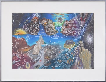 Vintage American or European Modernist Outsider Topographical Landscape Painting