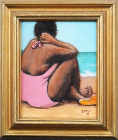Enid Moore Signed Vintage Modernist Beach Framed African American Artist Original Oil Painting