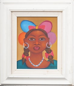 Alphonse Fritzner (1938-2006) Vintage Haitian Modernist Woman Portrait Framed Oil Painting