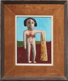Justine Fuller (1925 - 1965) Vintage American Outsider Art Modernist Nude Portrait Oil Painting