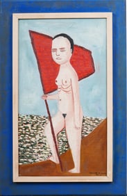 Justine Fuller (1925 - 1965) Vintage American Outsider Art Modernist Nude Portrait Oil Painting