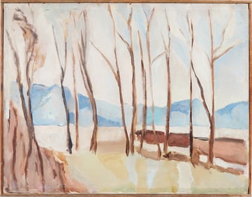 Vintage American Bare Winter Modernist Landscape Original Oil Painting