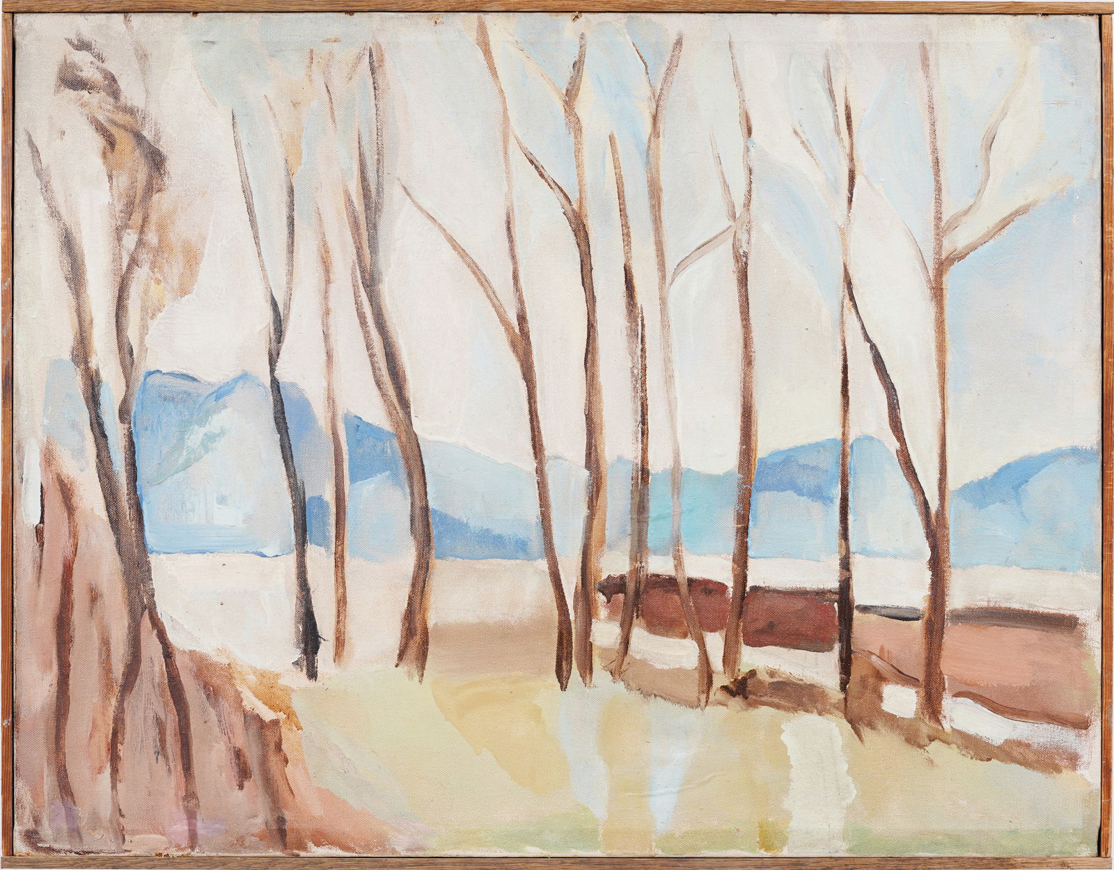 Vintage American Bare Winter Modernist Landscape Original Oil Painting: Vintage American oil painting. Oil on canvas. Signed S. Burr. Framed. Measuring: 24 by 31 inches overall, and 22.5 by 30 painting alone. Please see all images for condition. Size is measured and writt