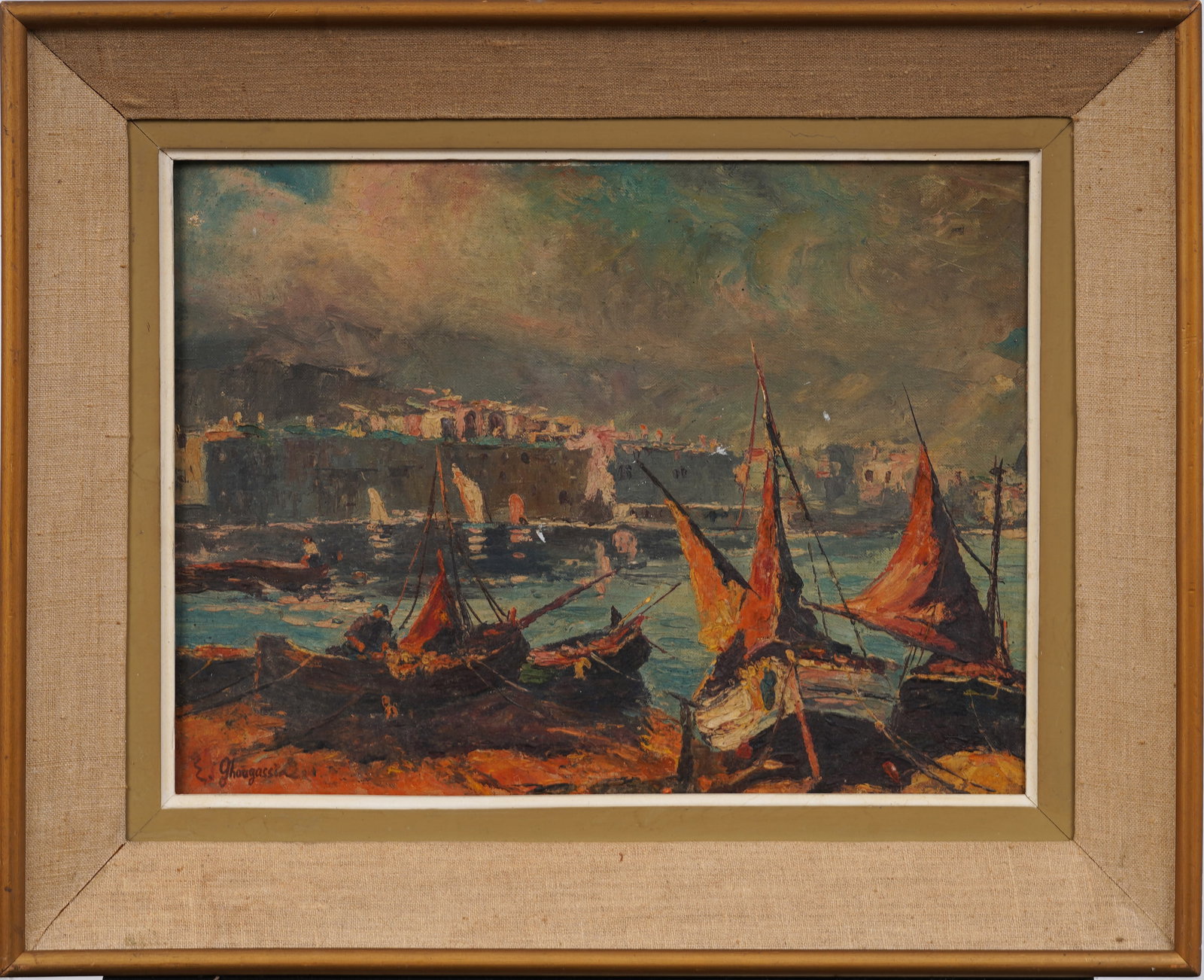 Important Signed Armenian Impressionist Coastal Seascape Original Oil Painting: Antique Armenian original oil painting of coastal port town. Oil on canvas. Signed Ghougassian. Framed. Measuring: 17 by 21 inches overall, and 12 by 16 painting alone. Please see all images for condi
