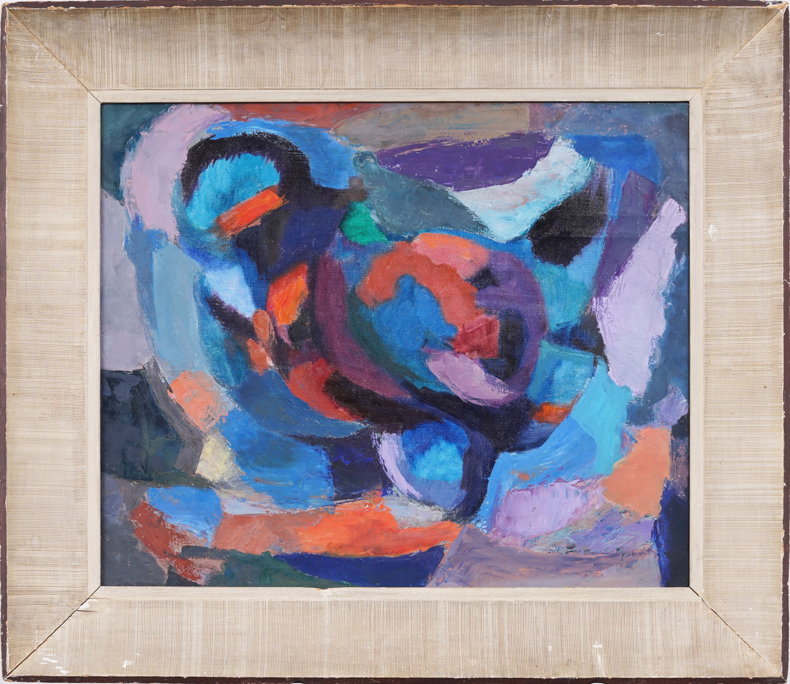 Colorful Swirling Vortex Blue Vintage American Abstract Original Oil Painting: Vintage American oil painting. Oil on canvas. Framed. Measuring: 27 by 31 inches overall, and 20 by 24 painting alone. Please see all images for condition. Size is measured and written on the back of 