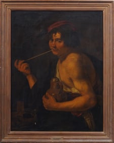 Antique Flemish Old Master "The Smoker" 17th Century Large Framed Portrait Original Oil Painting