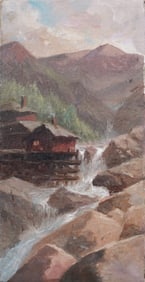 Antique American Western Mountain Waterfall Landscape Oil Painting ATTR William Weisman 1840-1922