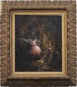 Finely Framed Antique European Impressionist Forest Swing Interior Genre Original Oil Painting