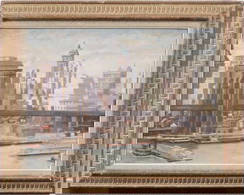 Antique American Brooklyn Bridge View New York Cityscape Framed Impressionist Original Oil Painting