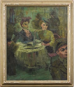 Antique American Ashcan School Cafe Scene Original Framed Impressionist Army Portrait Oil Painting