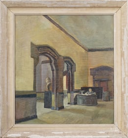 Vintage American School Museum Interior Surreal Modernist Large Framed Original Oil Painting