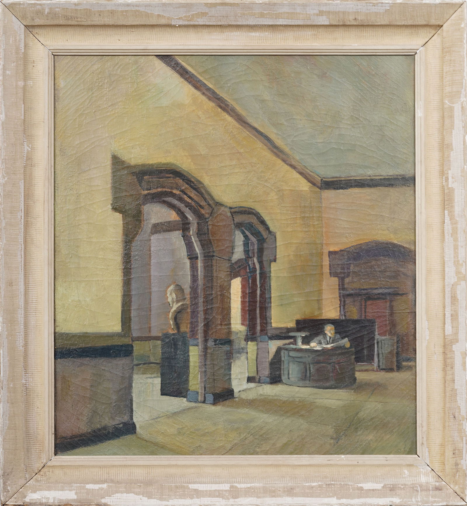 Vintage American School Museum Interior Surreal Modernist Large Framed Original Oil Painting (1 of 6)