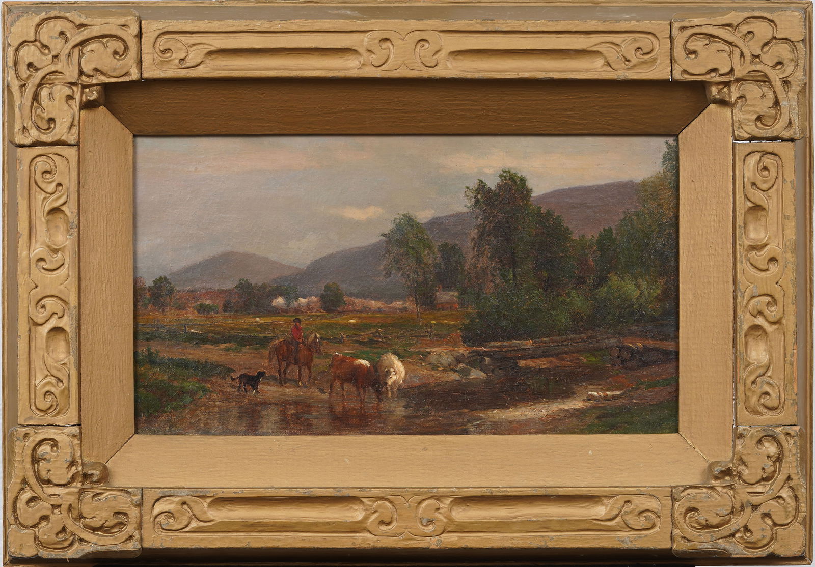 ATTR Samuel Gerry (1813-1891) Antique American Hudson River School Landscape Oil Painting: Antique American Hudson River School oil painting attributed to Samuel Lancaster Gerry (1813 - 1891). Oil on canvas. Framed. Measuring: 17 by 23 inches overall, and 9 by 16 painting alone. Please see