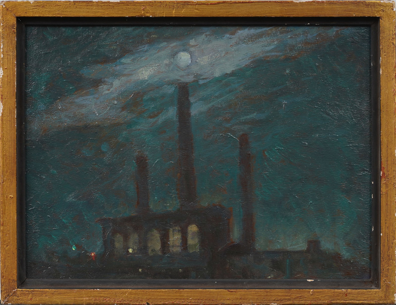 Antique American Impressionist Moonlit Industrial Cityscape Framed Original Oil Painting: Vintage American oil painting. Oil on board. Framed. Measuring: 10 by 13 inches overall, and 9 by 12 painting alone. Please see all images for condition. Size is measured and written on the back of th