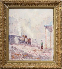 Antique American Ashcan School Foggy Cityscape Framed Winter Impressionist Original Oil Painting