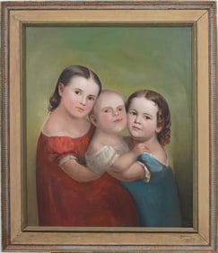 Antique American School Folk Art Family Portrait 3 Sisters Framed Original Oil Painting