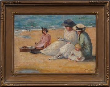Antique French Impressionist Beach Scene Framed Signed Original Figural Oil Painting