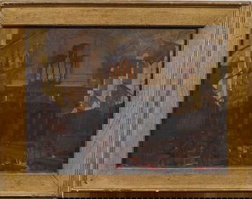 Antique American or European Church Interior Framed Finely Painted Realist Original Oil Painting