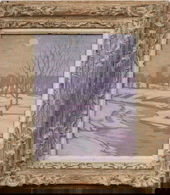 Vintage American Impressionist Moonlit Winter Framed Landscape Frozen River Snowy Oil Painting