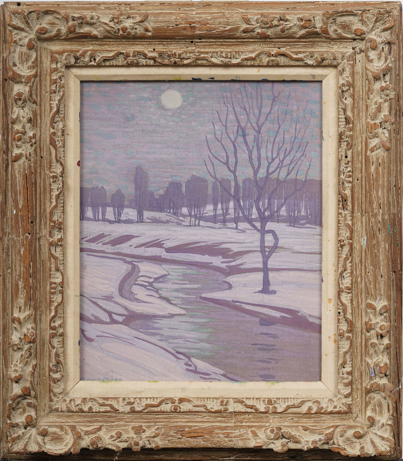 Vintage American Impressionist Moonlit Winter Framed Landscape Frozen River Snowy Oil Painting (1 of 8)