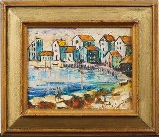 Vintage American School Modernist Beach Scene Signed "Sommers"  Original Oil Painting