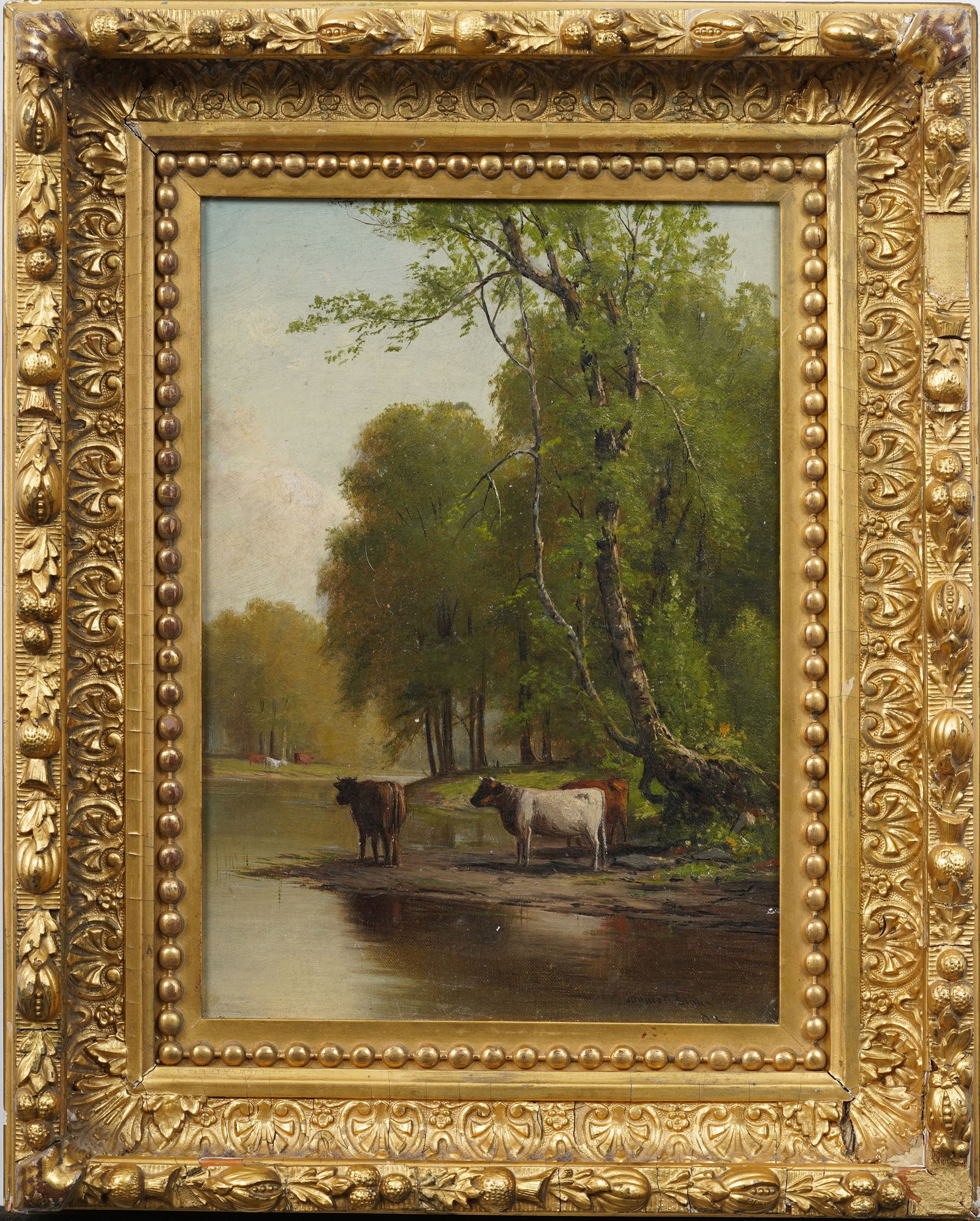 Junius Ralston Sloan (1827 - 1900) Antique American Cow Grazing River Landscape Framed Oil Painting (1 of 7)