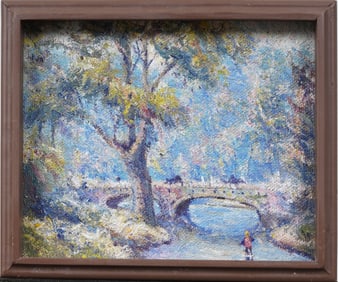 Antique American Impressionist River Landscape Framed Original Oil Painting