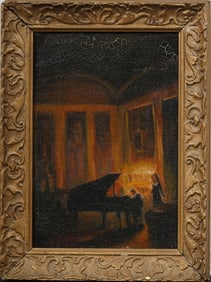 Antique American or European Candlelit Classical Piano Concert Framed Original Oil Painting