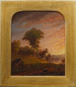 Antique Signed American Hudson River School Sunset Framed Landscape Original Oil Painting