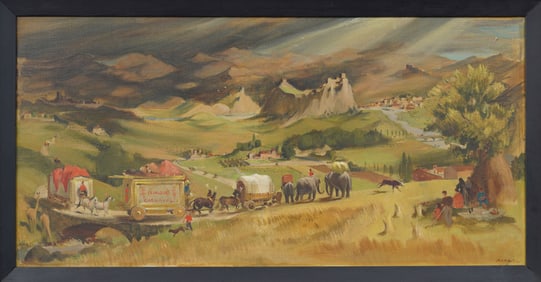 Vintage American or European Modernist Travelling Circus Elephant Parade Original Oil Painting