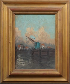 Antique American Industrial Giltwood Framed New York City  Dock Scene Original Oil Painting