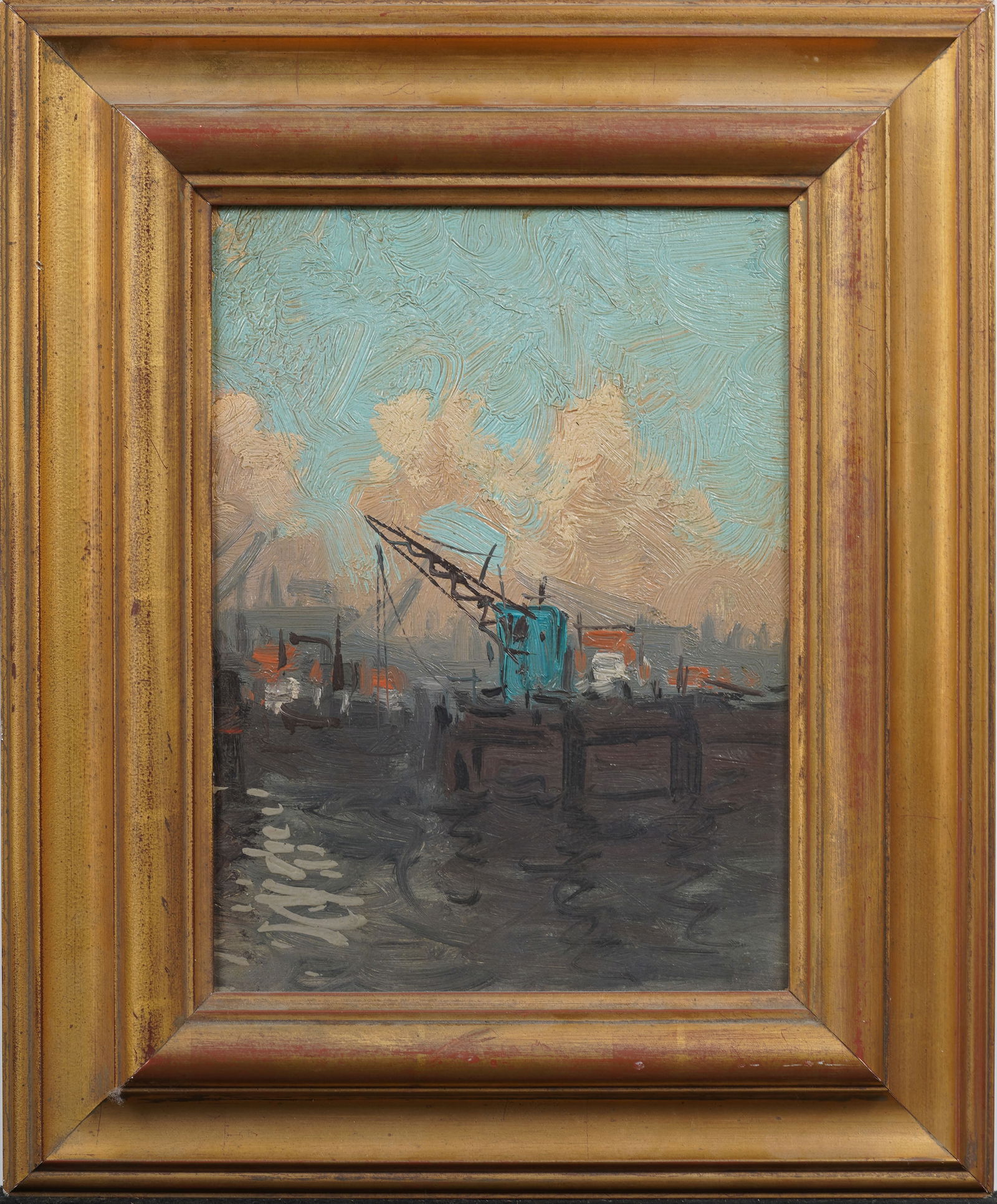 Antique American Industrial Giltwood Framed New York City  Dock Scene Original Oil Painting (1 of 6)