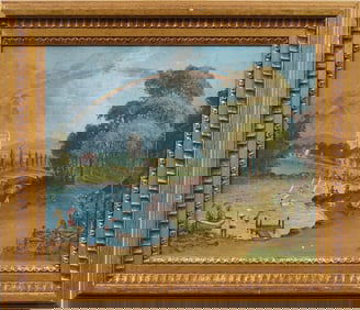 Incredible Antique Super Detailed Folk Art River Landscape with Rainbow Framed Original Oil Painting