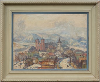 Vintage American Impressionist Snow Landscape Pennsylvania Mountain Town Original Oil Painting