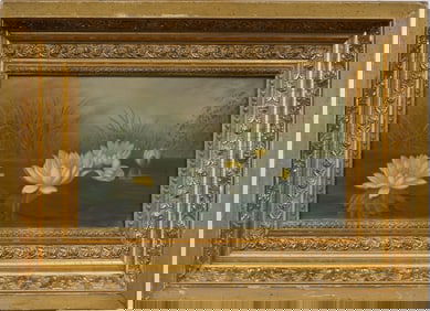 Antique American 19th Century Waterlily Landscape Framed Original Oil Painting