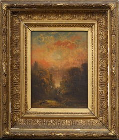 Antique American Hudson River School Sunset Landscape Framed 19th C Original Oil Painting