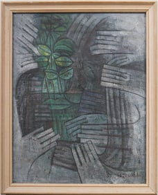 Signed Japanese Modernist 1959 Abstract Vintage Framed Original Abstract Oil Painting