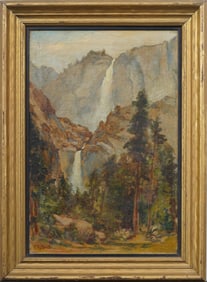Antique American Western Yosemite Waterfall Landscape Framed Signed Original Oil Painting