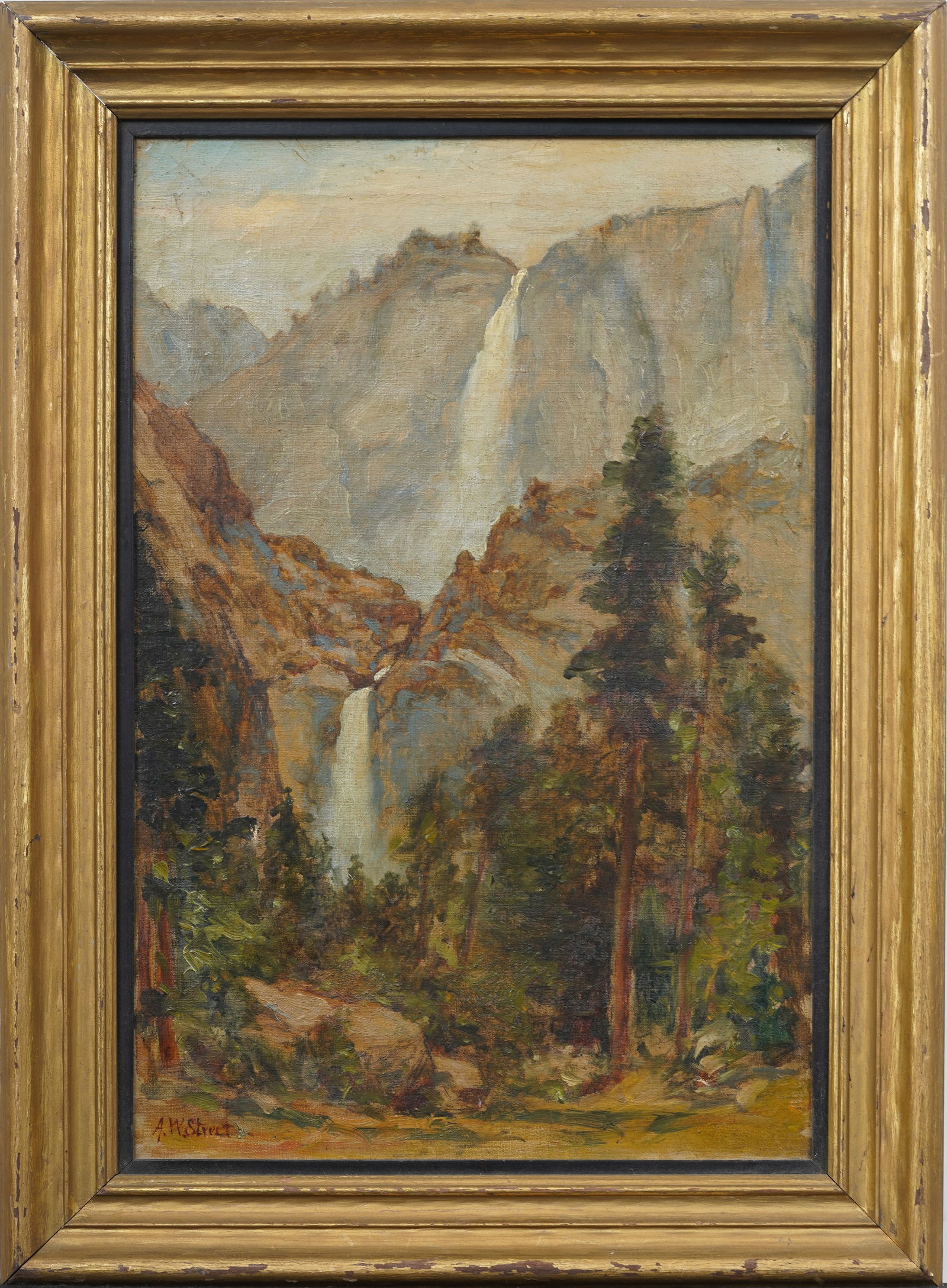 Antique American Western Yosemite Waterfall Landscape Framed Signed Original Oil Painting (1 of 7)