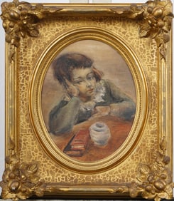 Signed Antique American School Interior Scene Woman Portrait Framed Original Oil Painting