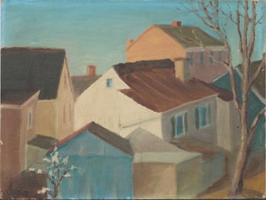 Signed 1939 Vintage American Modernist Cityscape Original Oil Painting