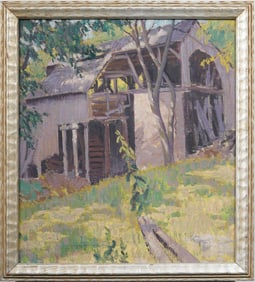 Antique American Dappled Sunlit Barn New England Impressionist Landscape Original Oil Painting