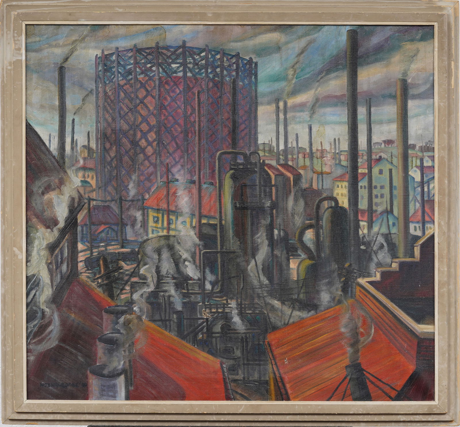 Vintage American School Modernist Industrial Cityscape Signed Framed Original Oil Painting: Vintage American school oil painting. Oil on canvas. Signed. Framed. Measuring: 28 by 30 inches overall, and 25 by 27 painting alone. Please see all images for condition. Size is measured and written