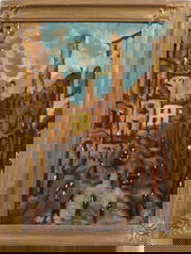 Filippo De Pisis (1896 - 1956) Vintage Italian Modernist Street Scene Framed Surreal Oil Painting