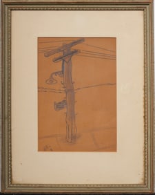 Vintage American New York City Telephone Pole Original Signed Pencil Drawing