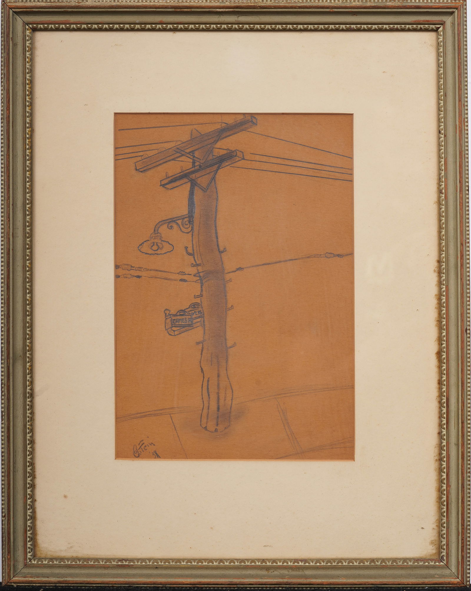 Vintage American New York City Telephone Pole Original Signed Pencil Drawing (1 of 8)