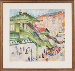 Vintage New York City Elevated Train Station Cityscape Original Watercolor